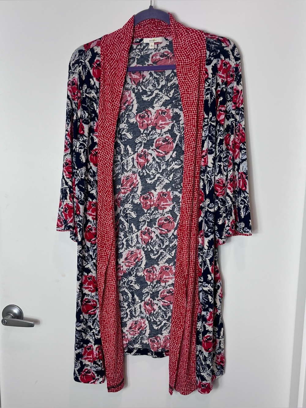 Porridge Anthropologie Rose‎ Floral Open-Front Kimono Cardigan Red Small